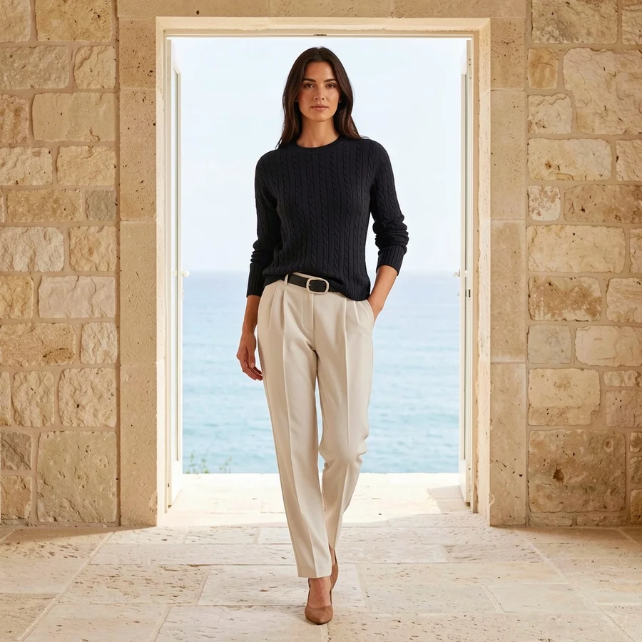 Model wearing a dark cable-knit sweater and cream trousers in a sunlit stone doorway overlooking the sea